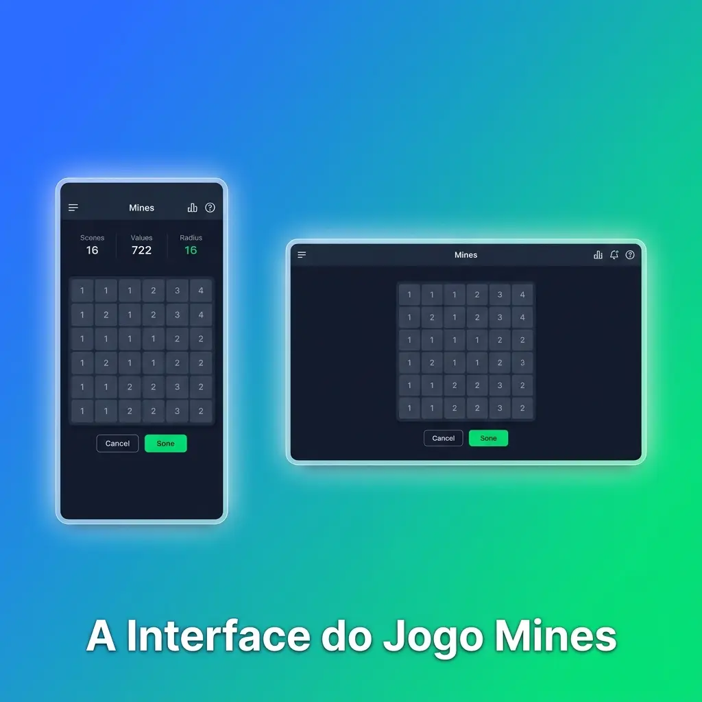 Interface do jogo Mines com campo de células, controles de aposta e botões de retirada em destaque
